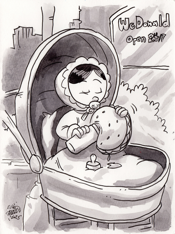 "Young Wimpy's Feeding Time" Ink Wash